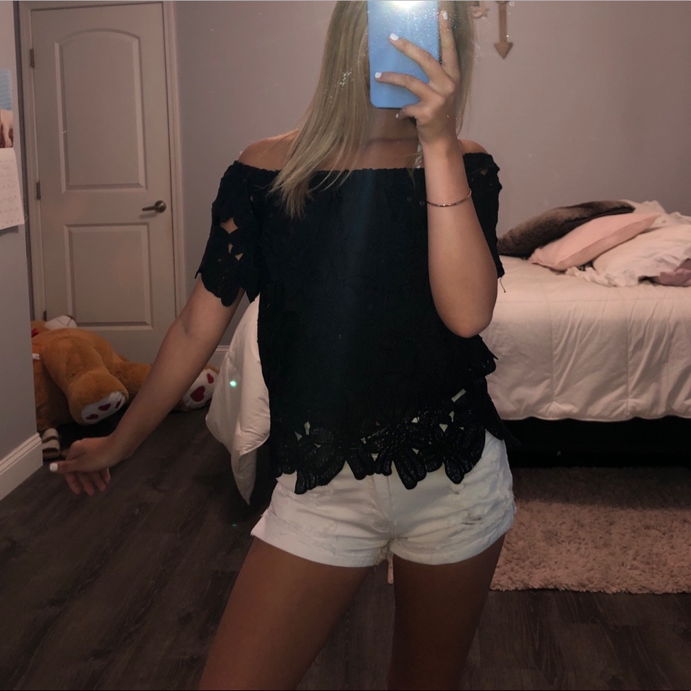Floral off the shoulder black shirt